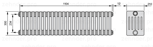 Схема (чертеж) Радиатор Zehnder Charleston 6030/24 №1270 Белый глянцевый RAL 9016